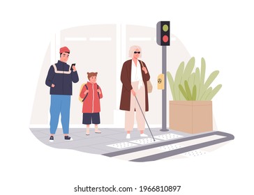 Blind person crossing street at crosswalk. Modern city infrastructure for disabled people inclusion. Colored flat vector illustration of woman in glasses with cane stick isolated on white