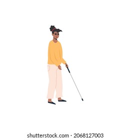 Ciegos con gafas caminando. Mujer africana discapacitada con bastón de caña. Caracteres de estilo plano. Ilustración vectorial.