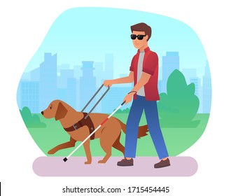 Blind Person With Guide Dog And Walking Stick