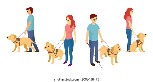 Blind Person With Guide Dog and Walking Stick, Labrador Retriever, Men and Women, Isometric View