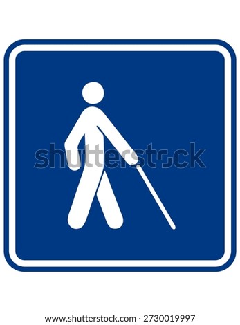 Blind person icon with cane. Represents visual impairment assistance and accessibility awareness. Suitable for public and safety signage.