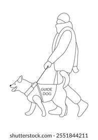 Persona Ciega En Chaqueta, Bufanda Y Sombrero Caminando Con Un Asistente De Perro Guía Al Aire Libre En Invierno. Esquema Dibujo Negro Aislado En Blanco. Ilustración vectorial