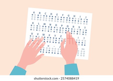 Blind person learning to read with fingers. Braille alphabet, tactile letters numbers ponctuation signs. Embossed symbols, recent vector poster