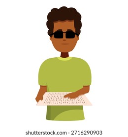 Persona ciega que lee el texto del braille con los dedos en el fondo blanco