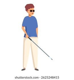 Blind person standing with white cane smiling and wearing sunglasses