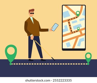 Una persona ciega usa un App de navegación en su teléfono inteligente   