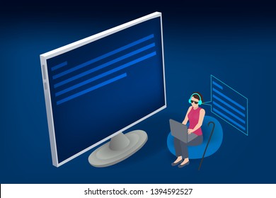 Blind person using computer with braille computer display and a computer keyboard. Blindness aid, visual impairment. 
