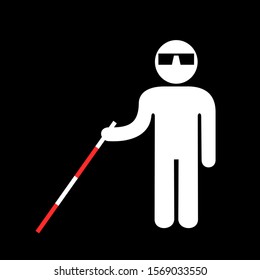 Blind person with visual and vision impairment - man is holding white stick and cane because of handicap and disability. Vector illustration.