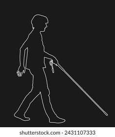 Blind person walking with stick line contour vector silhouette illustration isolated on black. Health care. Sightless woman poor eyesight active life. Independent confident lady outdoor activity.