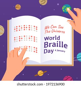 Blind poeple's hand touch Braille Book for World Braille Day celebration banner. Vector Illustration of blind people see the world and universe through braille book