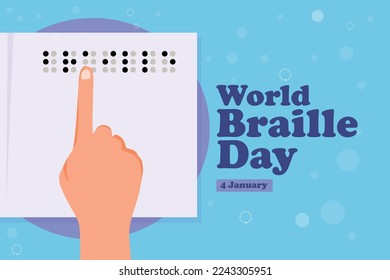 Blind poeple's hand touch Braille Book for World Braille Day celebration banner. Vector Illustration of blind people see the world and universe through braille book.