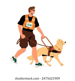 Corredor ciego dirigido por su perro guía. Atleta discapacitado con problemas de visión, trote visual. Corredor con asistencia o servicio de mascota hace deporte, correr maratón. Ilustración vectorial plana aislada