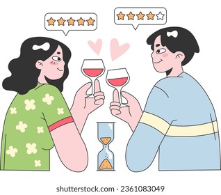 Blind speed dating. Cute romantic couple meeting in a restaurant. First impression between woman and man. Relationship search with timer. Flat vector illustration