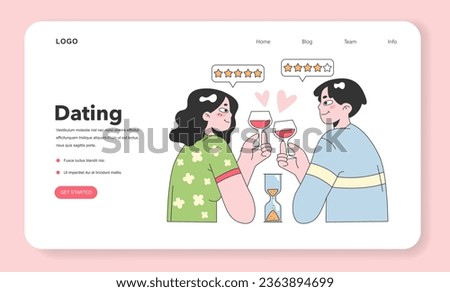 Blind speed dating web banner or landing page. Cute romantic couple meeting in a restaurant. First impression between woman and man. Relationship search with timer. Flat vector illustration