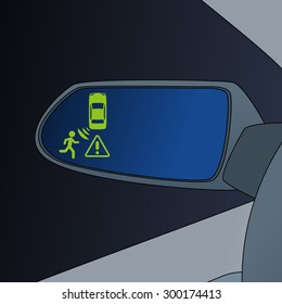 Blind Spot Monitoring in side mirror of vehicle, image illustration
