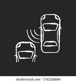 Blind spot monitoring system chalk white icon on black background. Safe driving and car security, modern traffic safety. Smart driver assistance technology. Isolated vector chalkboard illustration