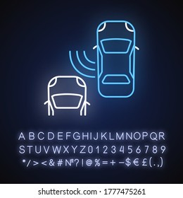 Blind spot monitoring system neon light icon. Safe driving and car security, traffic safety. Outer glowing effect. Sign with alphabet, numbers and symbols. Vector isolated RGB color illustration