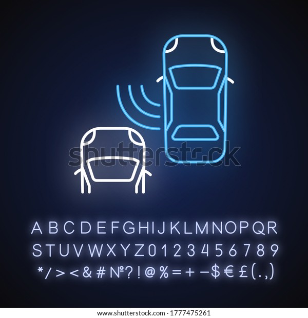 Blind spot monitoring system neon light\
icon. Safe driving and car security, traffic safety. Outer glowing\
effect. Sign with alphabet, numbers and symbols. Vector isolated\
RGB color illustration