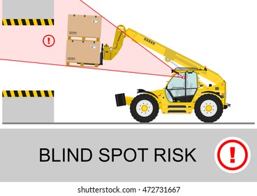 Blind spot risk. Non rotating telescopic handler (forklift) safety. Flat vector