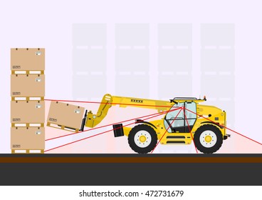 Blind spot risk. Non rotating telescopic handler (forklift) safety. Flat vector