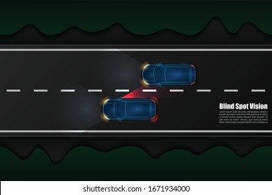 Blind spot vision or assists . Danger warning alert rear view mirror. Radar sensor for road situation monitor. Modern vehicle safety, crash prevention technology