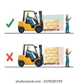 Blind spots of a forklift. Look out for forklifts. Safety in handling a fork lift truck. Security First. Accident prevention at work. Industrial Safety and Occupational Health