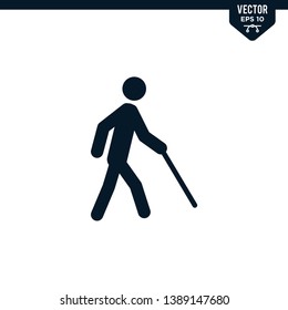 Blind stick man walking icon collection in glyph style, solid color vector