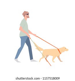 Blind with a stick. The blind man walks beside the dog with a guide. A blind person walks along the street.