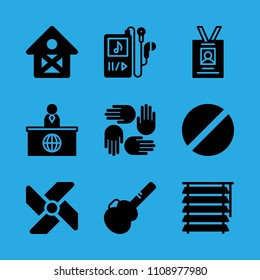 blind, supportive hands, barn, guitar protector, windmill, id card, prohibited, music player and news reporter vector icon. Simple icons set