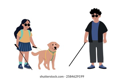 Blind teenage boy and little girl with her dog guide walking outside