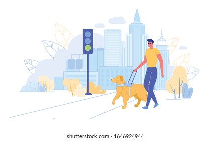 Personaje de hombre ciego o con problemas visuales con guía de perro cruzando carretera. Acceso al entorno urbano para personas discapacitadas o discapacitadas y personas con movilidad reducida. Ilustración de vectores planos.