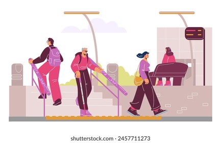 Blind or visually impaired man with stick goes on the stairs in public area. Cartoon transport station. Braille language inscription on the handle for navigation guide. Vector illustration