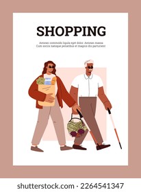 Blind or visually impaired people shopping and daily activity. Inclusiveness of urban environment for people with disabilities banner, flat vector illustration.