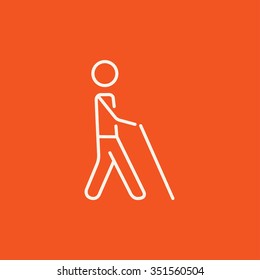 Blind walking man with a stick line icon for web, mobile and infographics. Vector white icon isolated on red background.
