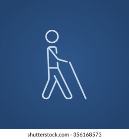 Blind Walking Mann mit einem Strichzeilensymbol für Web-, Mobil- und Infografiken. Vektorhellblaue Symbol einzeln auf blauem Hintergrund.