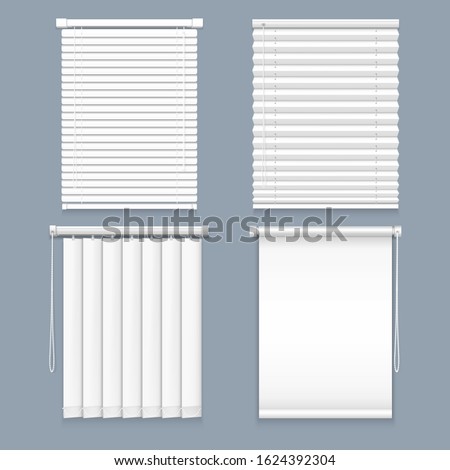 Blind window curtain or set of isolated louver, horizontal jalousie and vertical closed realistic blind curtains, roller. Interior background mockup for office, decoration for house or room, apartment