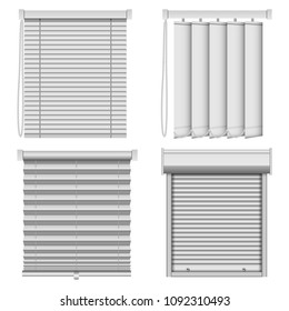 Blind window curtains mockup set. Realistic illustration of 4 blind window curtains mockups for web