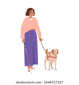 Mujer ciega con bastón y perro guía. Personaje femenino ciego discapacitado con gafas negras caminando con palo y perro guía ilustración de dibujos animados de Vector plano. Persona con discapacidad, concepto de inclusión social