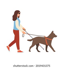 Mujer ciega con bastón y perro guía. Mujer discapacitada con ceguera. Caminando con perro mirando ojos. Ilustración vectorial aislada en fondo blanco. 