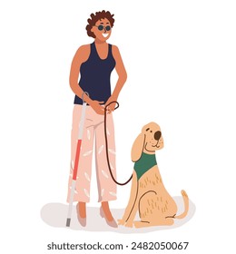 Blind woman with a cane standing with guide dog. Vector hand drawing illustration.