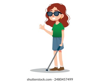 Mujer ciega con bastón y gafas de sol caminando por la calle. Caminata de personajes femeninos deshabilitados. Discapacidad de visión, enfermedad de los ojos, niña discapacitada con la mano levantada. Ilustración vectorial de Personas de dibujos animados.