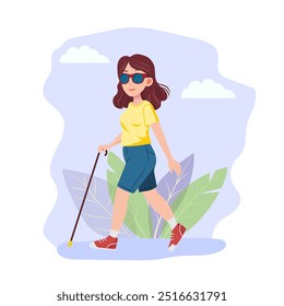 Mujer ciega con un bastón y gafas de sol caminando por la calle. Mujer discapacitada que camina. Discapacidad visual, enfermedad ocular. Ilustración vectorial dibujada a mano. Se puede utilizar en el Diseño web, redes sociales