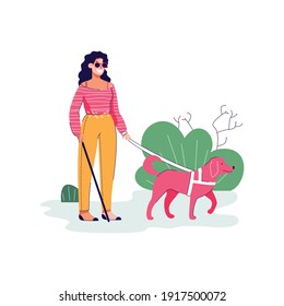 Blind woman cartoon character walking with guide dog, flat sketch vector illustration isolated on white background. Disabled people daily activity and lifestyle.