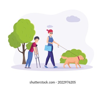 Blind woman disabled with guide dog and guy on crutches walk in park. Disabled female with blindness. Handicapped man woman disabled people cartoon vector