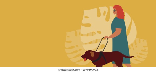 Blind woman with guide dog, backdrop copy space. Flat vector stock illustration. Ladrador as a guide for a disabled person. Blind with a dog. Template with place for text. Overlay illustration