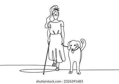 Blind woman with guide dog. International Guide Dog Day. One line drawing for different uses. Vector illustration.
