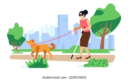 Blind woman with guide dog walks in park. Disabled persons outdoor stroll. Pet leading handicapped female. Visual disability. Trained animal companion. Invalid assistance
