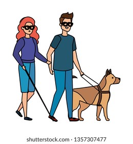 blind woman with helper and guide dog