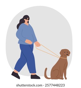 Blind woman with her assistance guide dog walking outside 