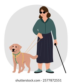 Blind woman her dog guide walking outside